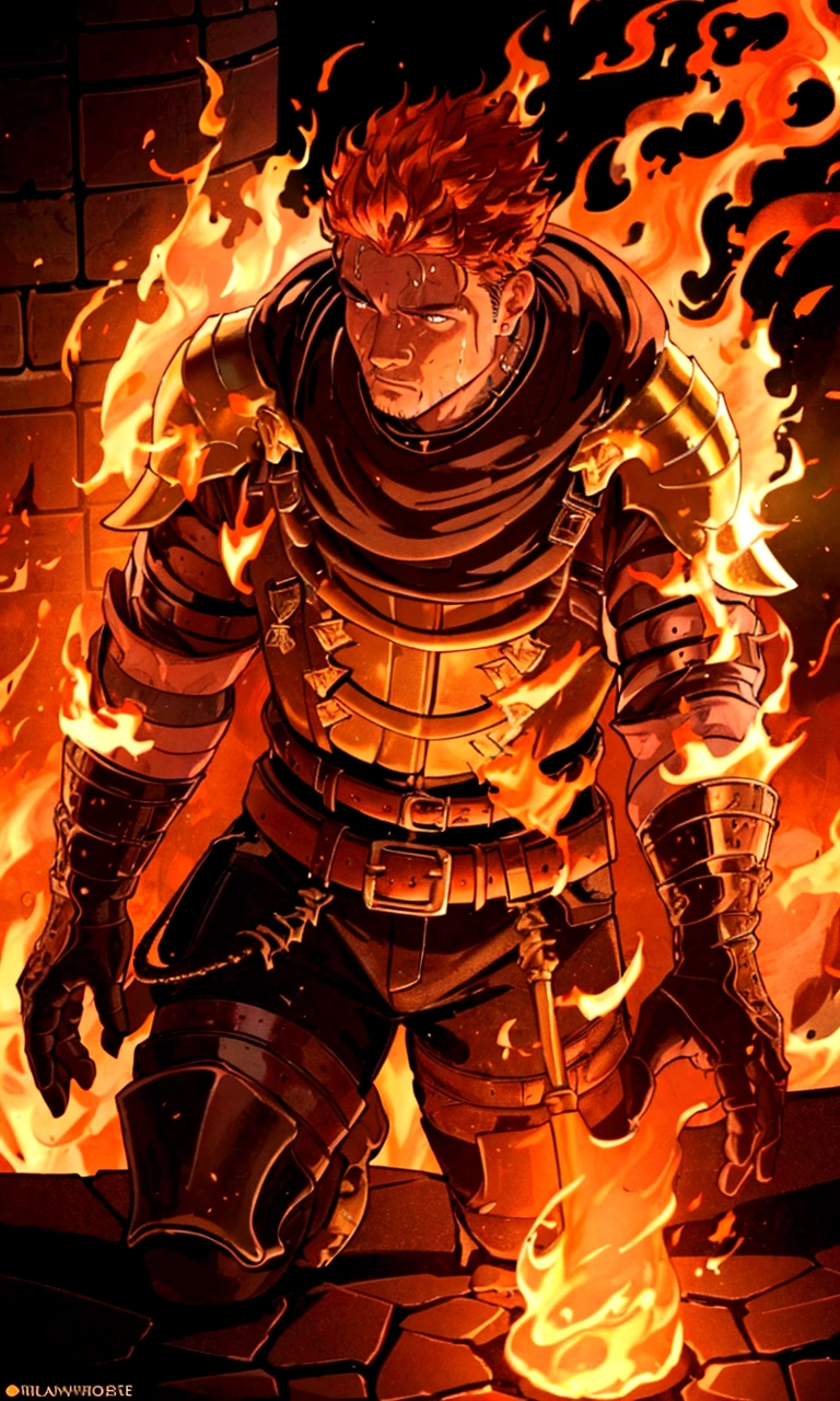 detailed golden forge, glowing molten metal, intense flames, muscular blacksmith, fire hair, sweat glistening, dynamic movement, intricate details, rich color palette, dramatic lighting, cinematic composition, award winning digital art, concept art, octane render, unreal engine, 8k, photorealistic