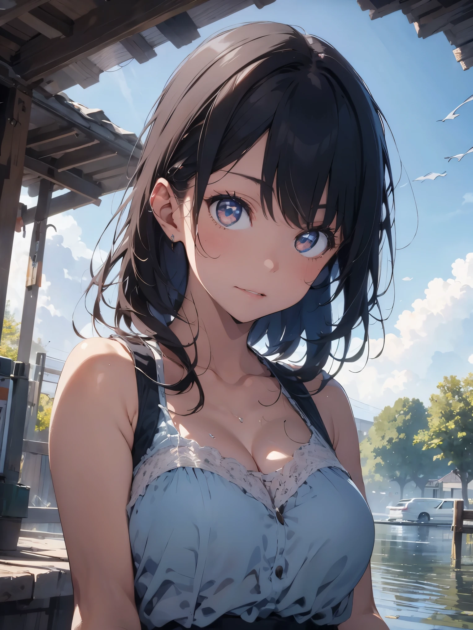 water, Wet, waterしぶき, liquid, sunny, Day, blue sky, cloud, nature, nature環境, (Character Focus:1.1), Sharp focus, Realistic, Very detailed, Super detailed, Highest quality, Highest quality, Realistic lighting, Super detailedな, Hyperrealism, Greg Rutkowski、Large Breasts、Cleavage、Bust Shot、camisole