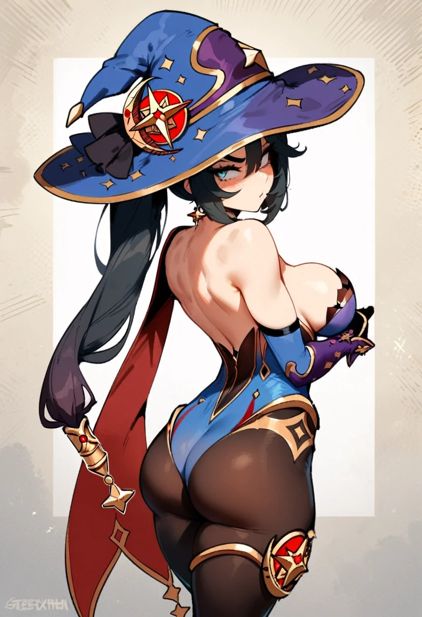 1girl, mona \(genshin impact\), genshin impact \\\\\ masterpiece, best quality, very aesthetic, absurdres, newest \\\\\\ slim body,///// ,by nyantcha,cutesexyrobutts , by khyle,,////// ,,solo,, , ,,detailed face, , ,, , , wallpaper, , beautiful face, sexy, , only pantyhose, rating:nsfw,, naked, blush, , white background, big tits, hat,topless