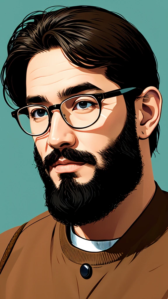 One arab face man, short beard, handsome, front, glasses, one stroke, icon size, illustration style, simple style