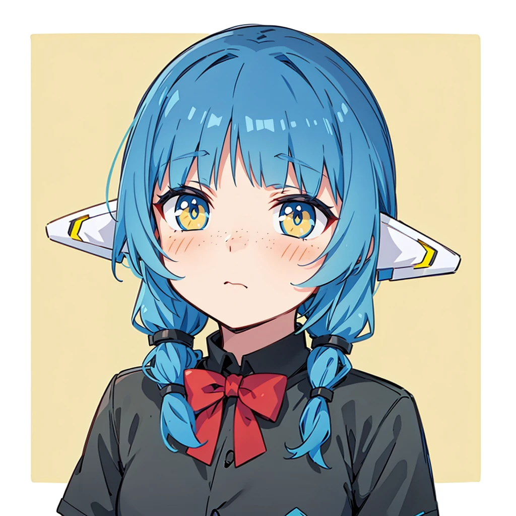 cyborg anime girl, robot ears, blue and yellow eyes, freckles, tsundere, dark blue hair with turqoise gradient, black shirt, red ribbon in shirt, black ribbons in hair