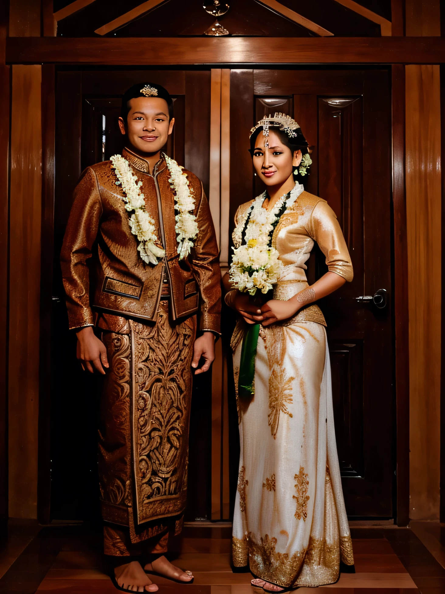 full body portrait of a pair of Indonesian Javanese bride and groom posing in front of a door with intricate wood carvings, with good lighting, faces looking at the camera