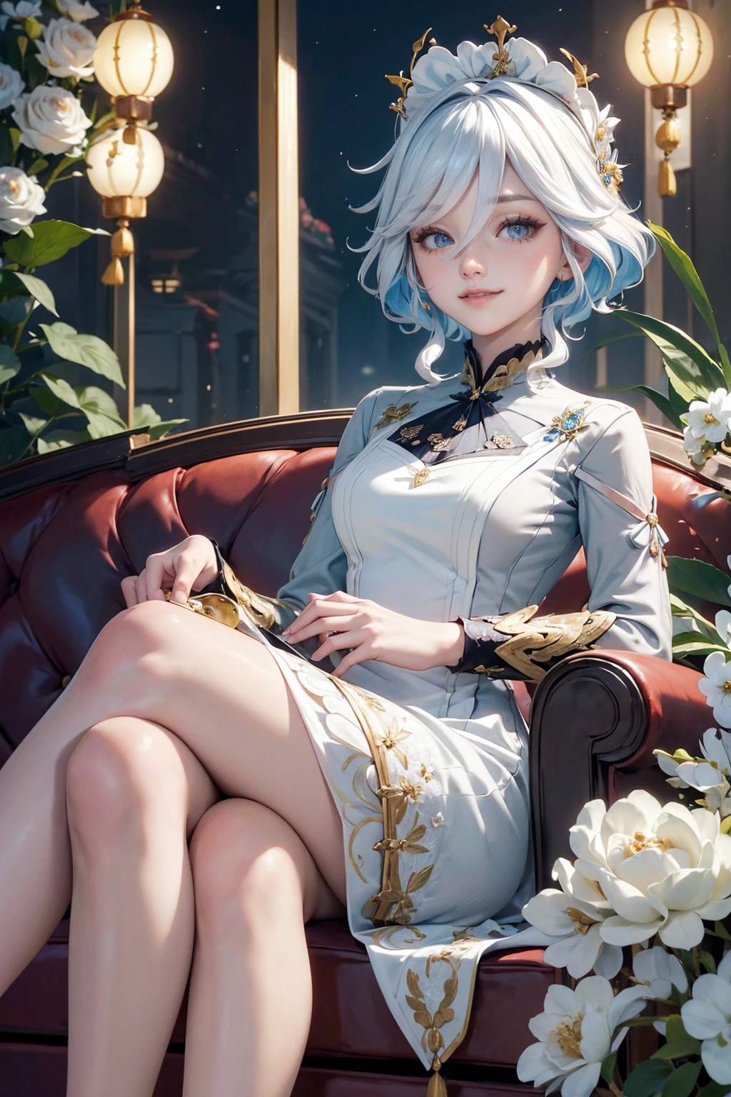 Furina_(genshin impact), white roses, ornament hair, roses on her hair, maid, maid dress, maid headdress, maid apron, white hair, blue hair, long hair, seat on a sofa, chinese home style, Chinese maid dress, gold lantern, white dress, more details on her clothes, golden details, night, smiling,