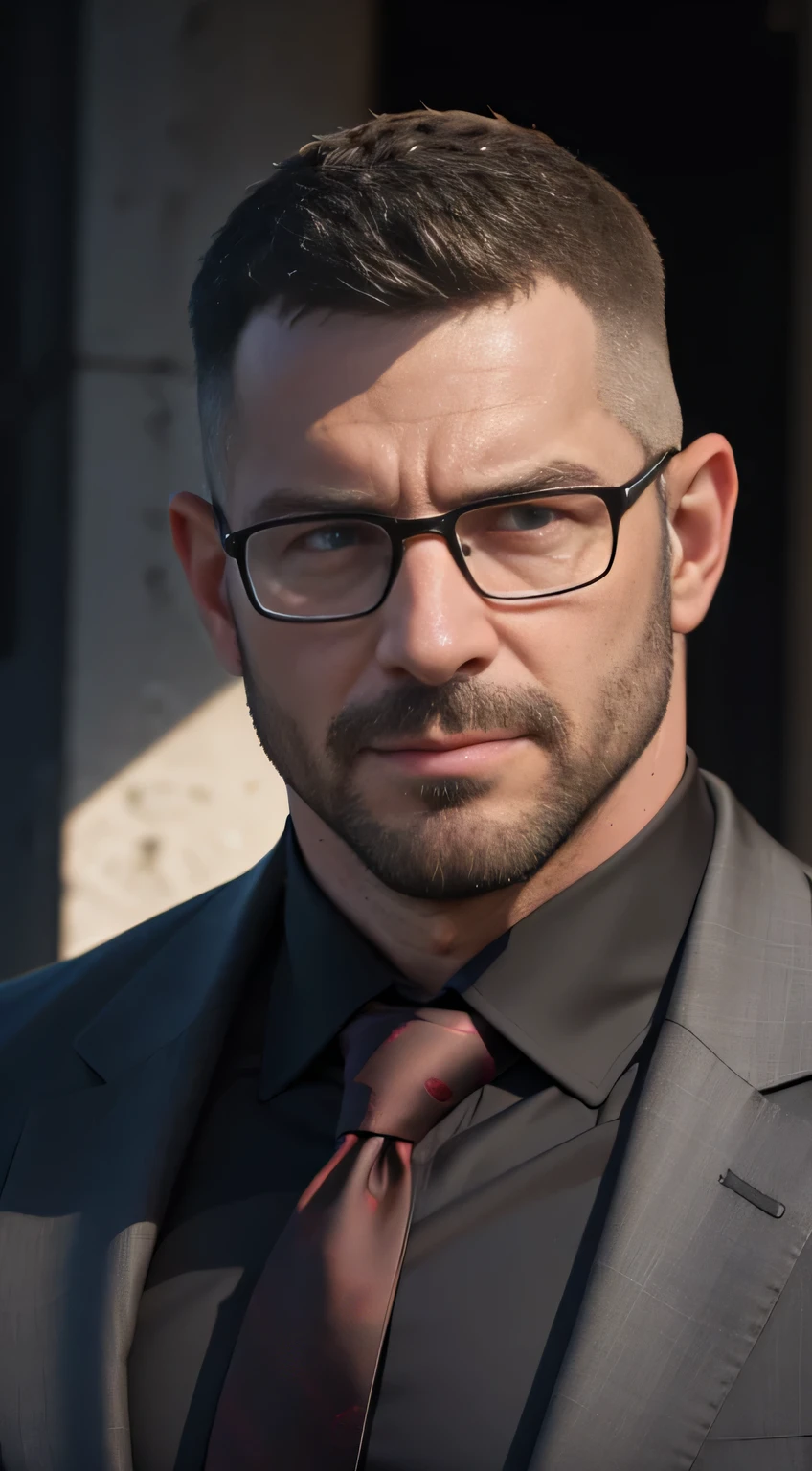 An award-winning original photo,A wild muscular man, (40 years old daddy:1.1), 1boy, Solo, (black suit), (white dress shirt), (red print necktie), (big shoulders), musculature, stubbles, Short beard, squinting eyes under the sunlight:1.3, ), (Detailed face:1.3), wearing glasses, slight smirk, Dynamic Angle, volumetric lighting, (Best quality, A high resolution, Photorealistic), Cinematic lighting, Masterpiece, RAW photo, Intricate details, hdr, depth of field, upper body shot