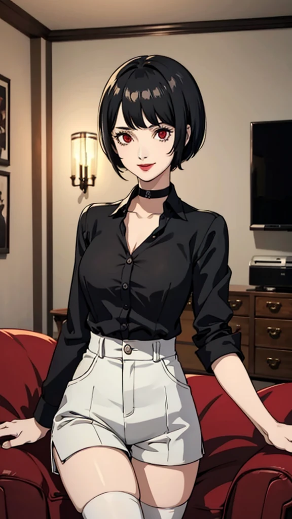 1 girl, Red eyes, very Short hair, black choker, lipstick, smile, black hair, female , tomboy Pixie haircut, long shirt, shorts, stockings, livingroom, cowboy shot, 