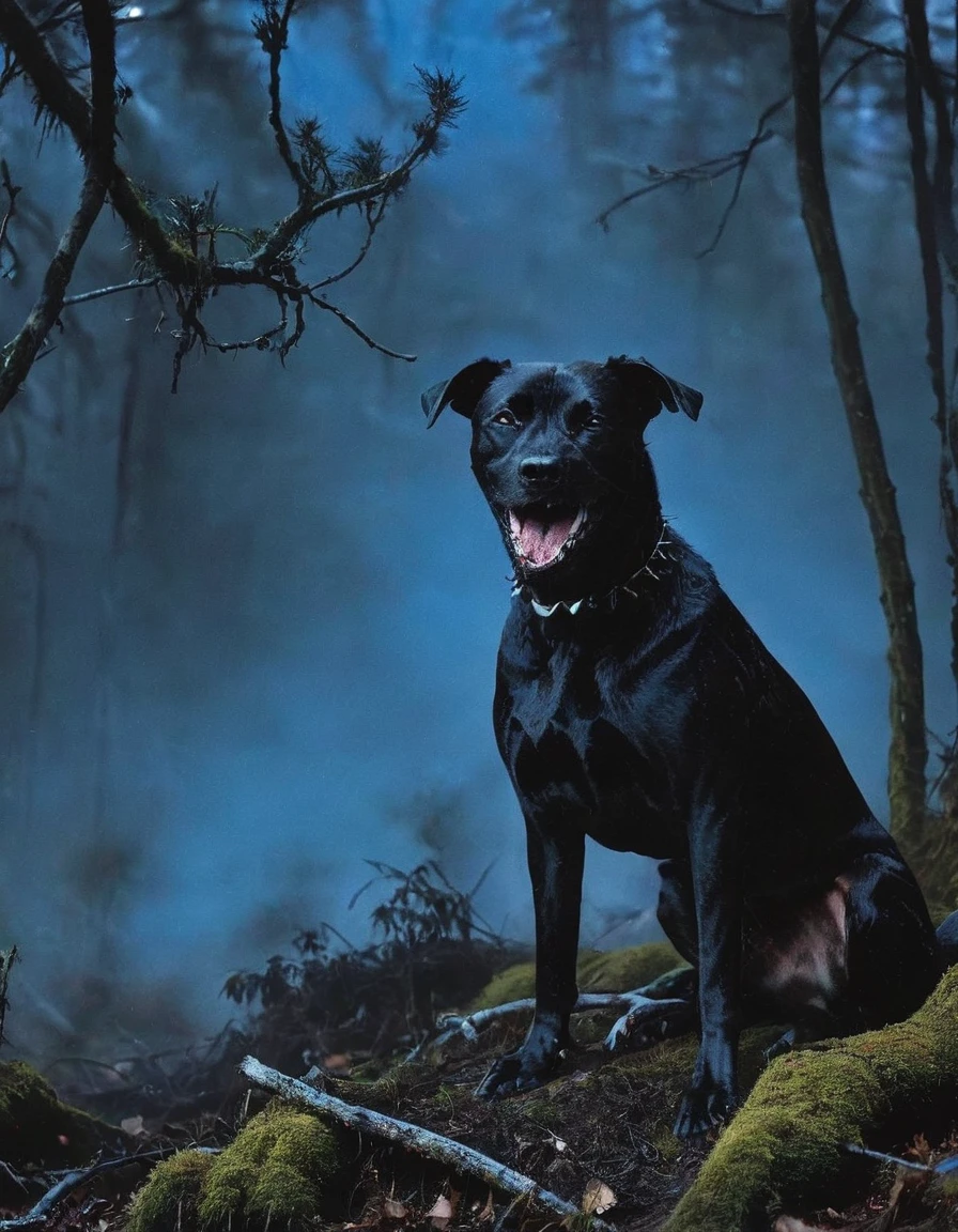 black dog in myst forest, blue background