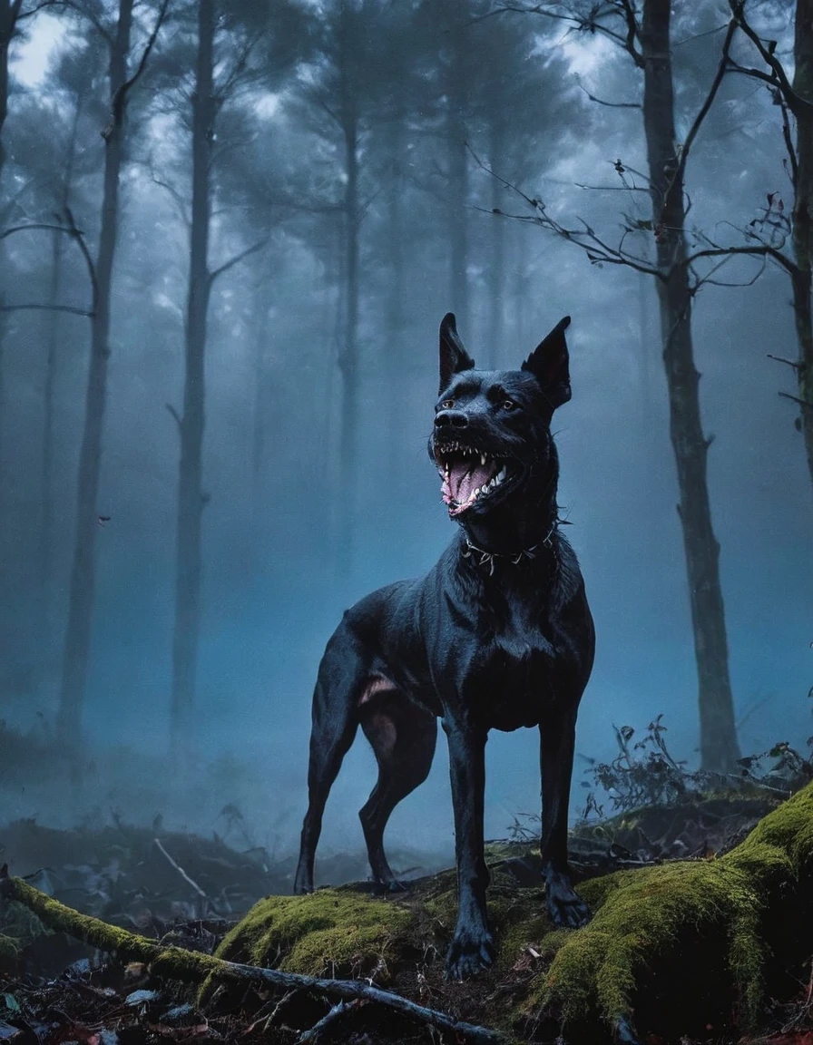 black dog in myst forest, blue background