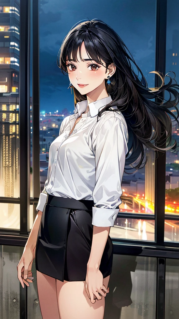(masterpiece:1.3, Highest quality, Ultra-high resolution, Super detailed), (Realistic, photoRealistic:1.4), Beautiful illustrations, Perfect lighting, colorful, Depth of written boundary,
Beautiful detailed hair, Beautifully detailed face, Beautiful fine details, Beautiful clavicle, Beautiful body, 美しいLarge Breasts, Beautiful thighs, Beautiful feet, Beautiful fingers,
View Viewer、Front view:0.6, Beauty1人, Japanese, Beauty、30 years old, Perfect Face, (Perfect Anatomy, Anatomically correct), Cute and symmetrical face, Baby Face, , Shiny skin,
((Collared shirt:1.4)), ((drape skirt:1.5))、
(Black Hair, Medium Straight Hair:1.4), Dark brown eyes, Large Breasts, Slim body,
necklace, (Small earrings:1.3),
(Beautiful views), (night), (city, cityscape in the distance), Are standing, A soft smile、(Smile, Lips parted),