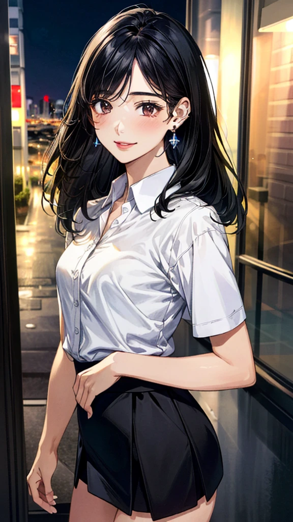 (masterpiece:1.3, Highest quality, Ultra-high resolution, Super detailed), (Realistic, photoRealistic:1.4), Beautiful illustrations, Perfect lighting, colorful, Depth of written boundary,
Beautiful detailed hair, Beautifully detailed face, Beautiful fine details, Beautiful clavicle, Beautiful body, 美しいLarge Breasts, Beautiful thighs, Beautiful feet, Beautiful fingers,
View Viewer、Front view:0.6, Beauty1人, Japanese, Beauty、30 years old, Perfect Face, (Perfect Anatomy, Anatomically correct), Cute and symmetrical face, Baby Face, , Shiny skin,
((Collared shirt:1.4)), ((drape skirt:1.5))、
(Black Hair, Medium Straight Hair:1.4), Dark brown eyes, Large Breasts, Slim body,
necklace, (Small earrings:1.3),
(Beautiful views), (night), (city, cityscape in the distance), Are standing, A soft smile、(Smile, Lips parted),