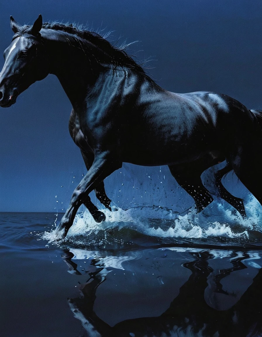 glitch art, fashion shoot, black horse running at water surface in darkness at night, blue background