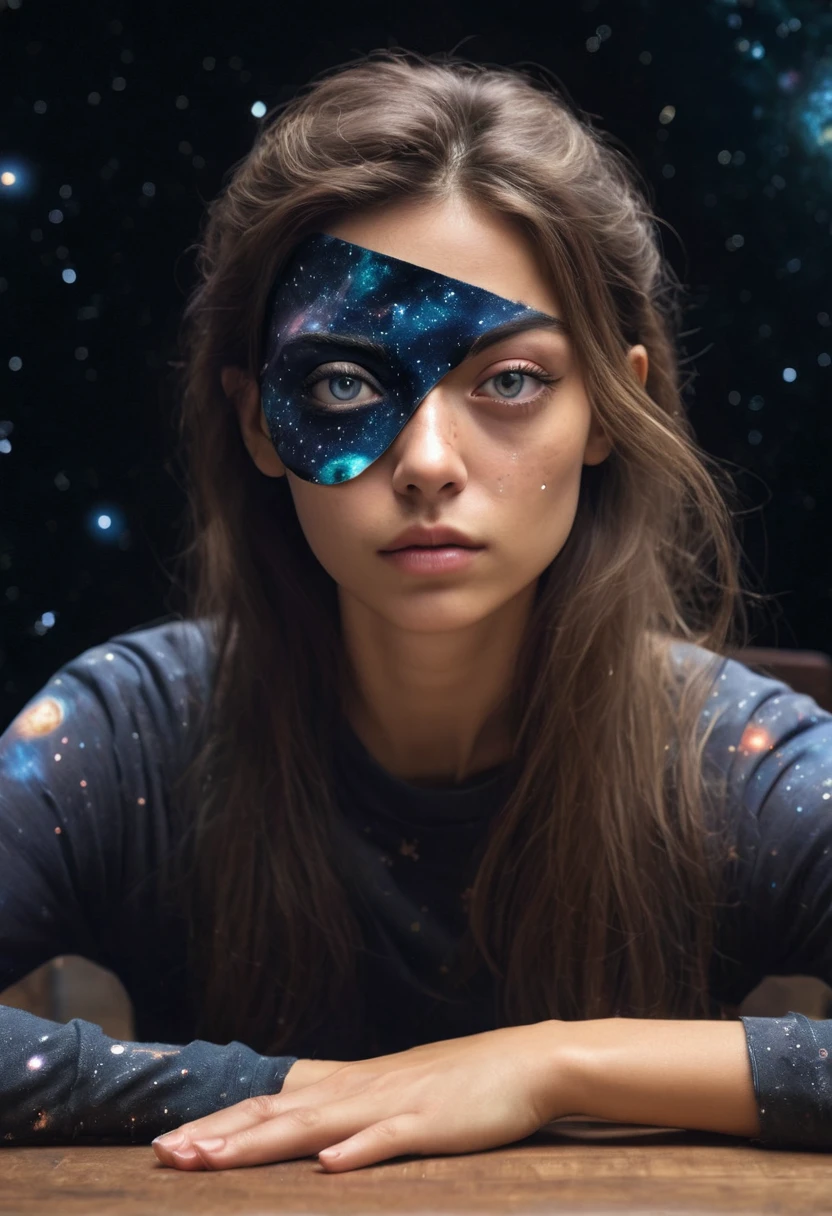 One eye patch is placed on a table, one sublime woman is sitting next to it, her left eye is missing, a tiny galaxy is in place of her left eye