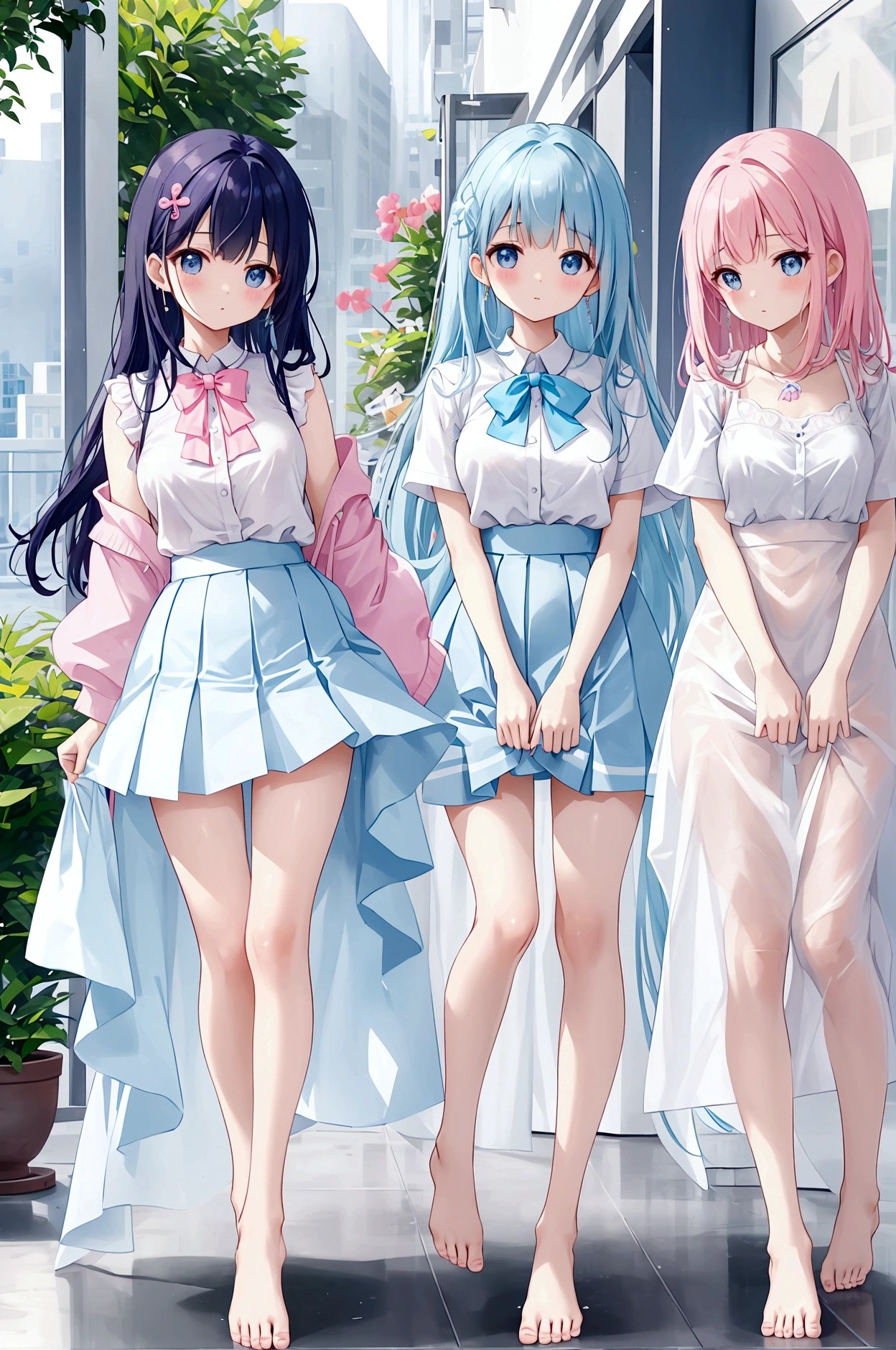 Three sisters of different heights、A cute white blouse with a cute light blue bra showing through it、Cute pink flare skirt、Light blue underwear visible as the skirt is lifted、barefoot、Company interview venue