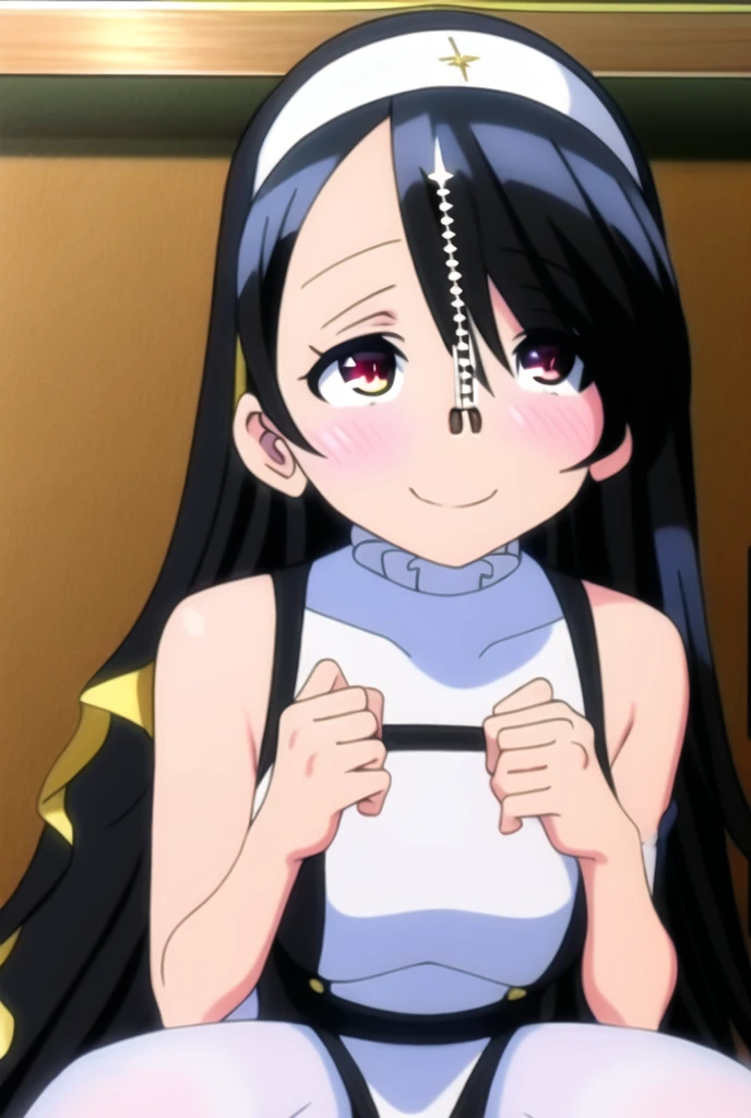 Hinata(Blue Archive), Large Breasts, Completely naked, Red eyes, alone,habit, Nuns, Prayer Pose, Long Hair, Hello, blush, Asymmetrical bangs, View your viewers, Excited face, One girl, Black Hair, very Long Hair, Hair on one eye, barefoot, White Pantyhose, White legwear, ((milking))