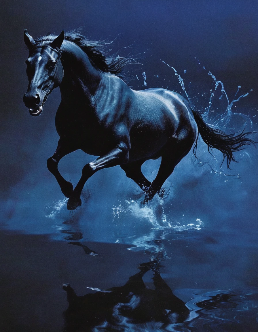 glitch art, fashion shoot, black horse running at water surface in darkness at night, blue background