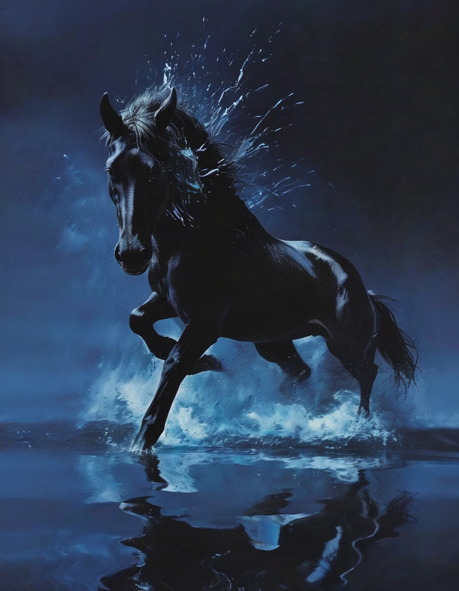 glitch art, fashion shoot, black horse running at water surface in darkness at night, blue background