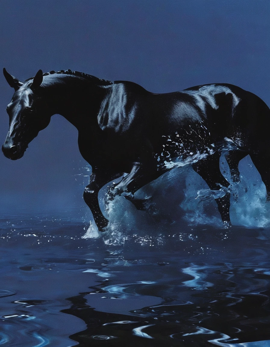 glitch art, fashion shoot, black horse running at water surface in darkness at night, blue background