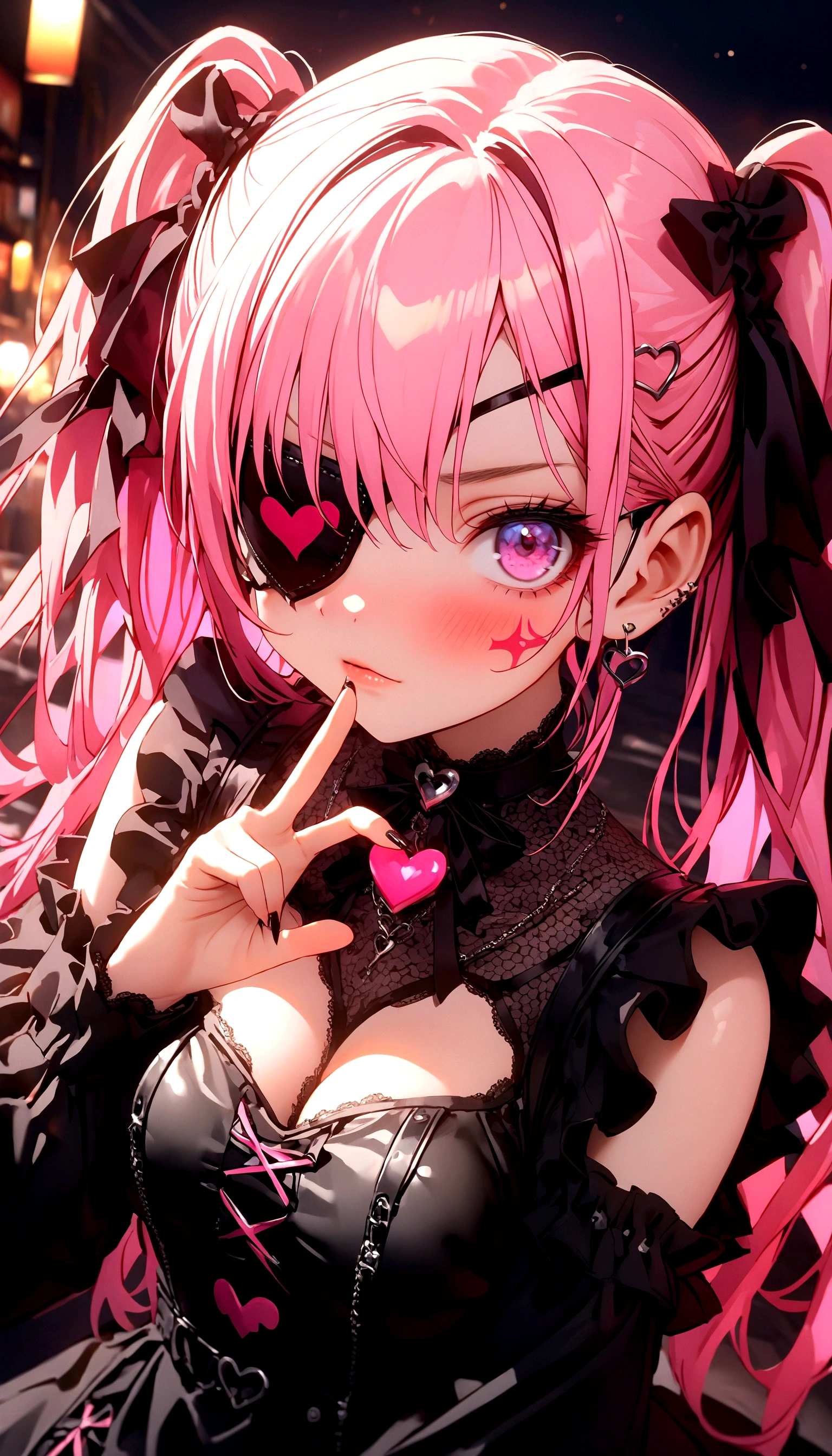 female\((cute,eye patch\(very cute, gothic fashion,cute mark\):1.3),age of 12,skin\(white,pale,smooth,silky,shiny\),eyes\(beautiful,many star-shaped highlights\),wearing makeup\(pink\),(angry),(black mouth mask),hair\(pink,twintails,floating,rolled,detailed,shiny\),hairclip\(heart\),costume\((frilled:1.3) pink dress\),eye corners\(pink:1.3\),(narrow eyes),very cute pose,(breast:1.3),open cleavage, cute hand sign,(many accessories)\), BREAK ,background\(harajyuku\(tokyo,japan\),at night,cute,fancy,dark\), BREAK ,quality\(8k,wallpaper of extremely detailed CG unit, ​masterpiece,hight resolution,top-quality,top-quality real texture skin,hyper realisitic,increase the resolution,RAW photos,best qualtiy,highly detailed,the wallpaper,cinematic lighting,ray trace,golden ratio\),(dynamic angle),(close up of face:1.8),looking up at viewer,from above,better hands