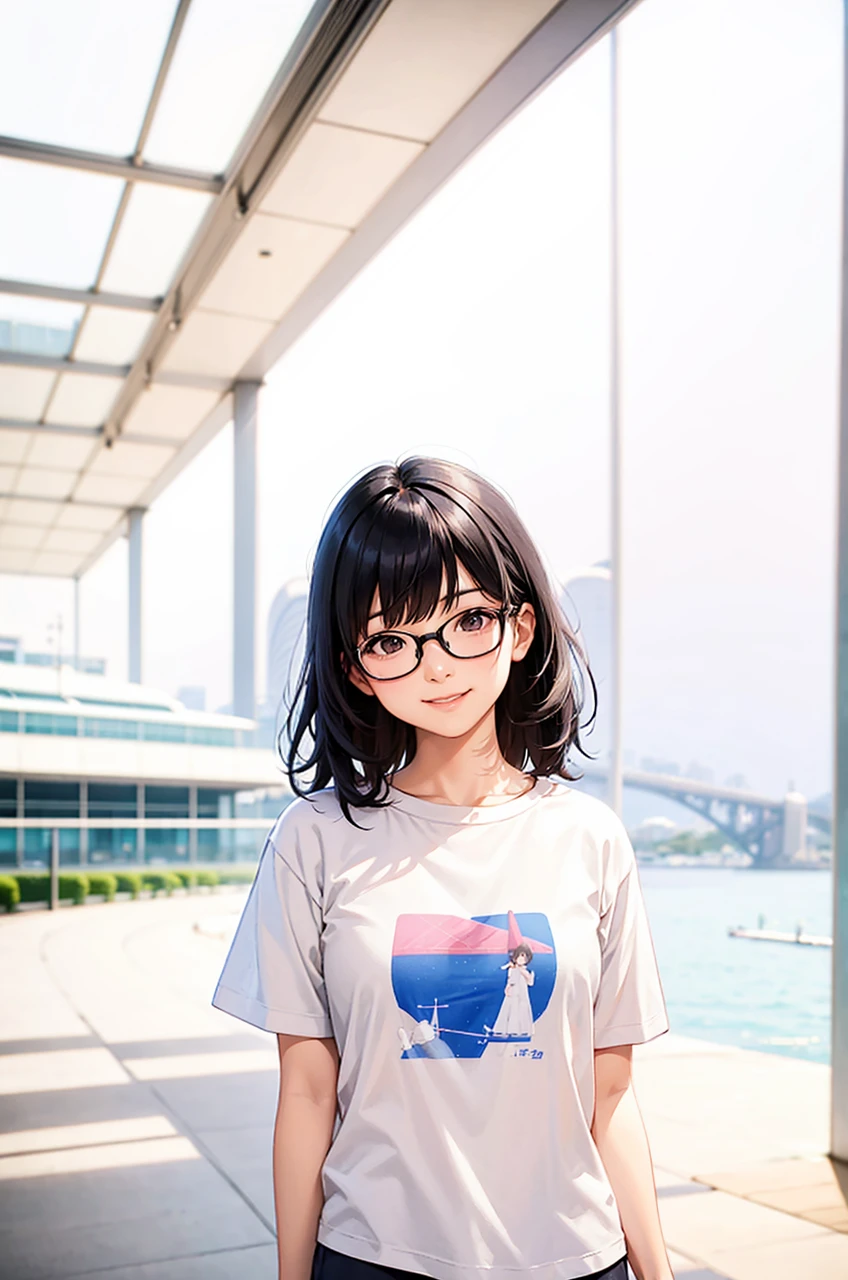 A young Japanese couple at the Sydney Opera House. The husband has black hair with bangs, wears glasses, and a blue T-shirt. The wife has medium-length black hair, wears glasses, and a pink T-shirt. They both have smiles on their faces. Clean-shaven, no children.