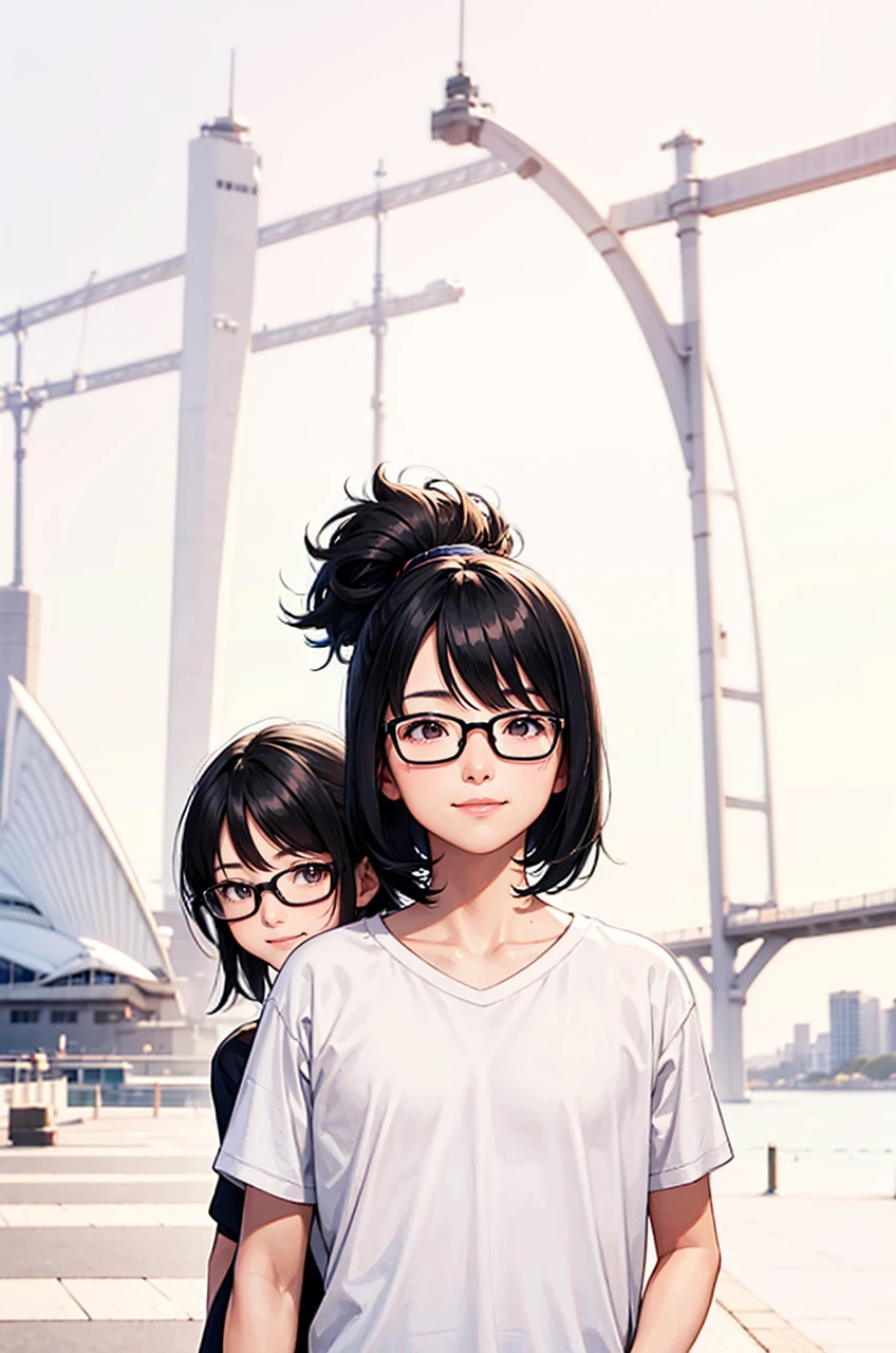 A young Japanese couple at the Sydney Opera House. The husband has black hair with bangs, wears glasses, and a blue T-shirt. The wife has medium-length black hair, wears glasses, and a pink T-shirt. They both have smiles on their faces. Clean-shaven, no children.