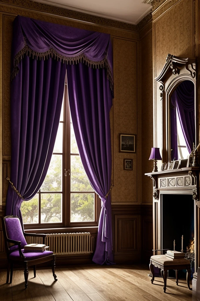 A drawing of a Victorian room with purple curtains, libros antiguos, una chimenea, y una ventana, dibujo animado antiguo oscuro y misterioso