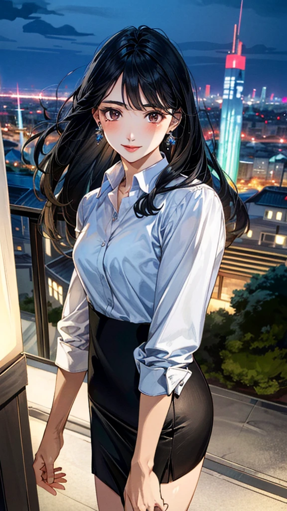 (masterpiece:1.3, Highest quality, Ultra-high resolution, Super detailed), (Realistic, photoRealistic:1.4), Beautiful illustrations, Perfect lighting, colorful, Depth of written boundary, 
Beautiful detailed hair, Beautifully detailed face, Beautiful fine details, Beautiful clavicle, Beautiful body, 美しいLarge Breasts, Beautiful thighs, Beautiful feet, Beautiful fingers, 
View Viewer、Front view:0.6, Beauty1人, Japanese, Beauty、30 years old, Perfect Face, (Perfect Anatomy, Anatomically correct), Cute and symmetrical face, Baby Face, , Shiny skin, 
((Collared shirt:1.4)), ((Long tight skirt:1.5))、
(Black Hair, Medium Straight Hair:1.4),  Dark brown eyes, Large Breasts, Slim body, 
necklace, (Small earrings:1.3), 
(Beautiful views), (night), (city, cityscape in the distance), Are standing, A soft smile、(Smile, Lips parted), 