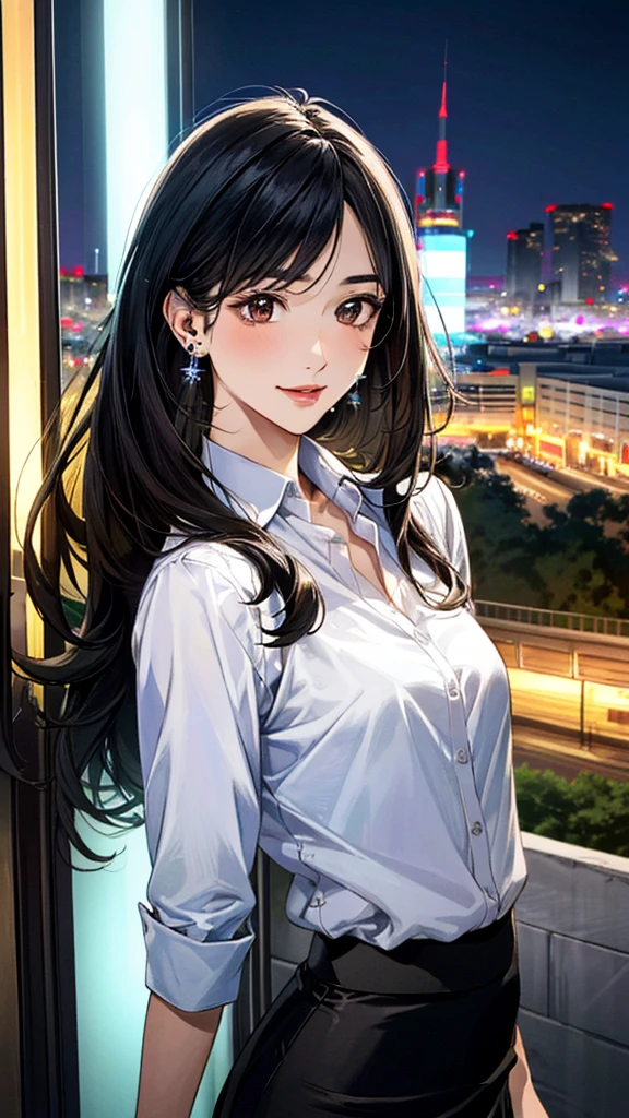 (masterpiece:1.3, Highest quality, Ultra-high resolution, Super detailed), (Realistic, photoRealistic:1.4), Beautiful illustrations, Perfect lighting, colorful, Depth of written boundary,
Beautiful detailed hair, Beautifully detailed face, Beautiful fine details, Beautiful clavicle, Beautiful body, 美しいLarge Breasts, Beautiful thighs, Beautiful feet, Beautiful fingers,
View Viewer、Front view:0.6, Beauty1人, Japanese, Beauty、30 years old, Perfect Face, (Perfect Anatomy, Anatomically correct), Cute and symmetrical face, Baby Face, , Shiny skin,
((Collared shirt:1.4)), ((Long tight skirt:1.5))、
(Black Hair, Medium Straight Hair:1.4), Dark brown eyes, Large Breasts, Slim body,
necklace, (Small earrings:1.3),
(Beautiful views), (night), (city, cityscape in the distance), Are standing, A soft smile、(Smile, Lips parted),