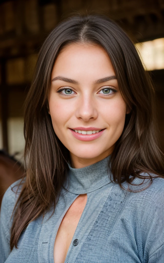 Beautiful woman in a horses stables wearing horse riding clothes, highly detailed, 22 years old, , , smile face, brunette hair, blue eyes, high resolution, Masterpiece, Best quality, Intricate high detail, Highly detailed, Sharp focus, Detailed skin, realistic skin texture, texture, detailed eyes, professional, 4k, charming smile, shot on Canon, 85mm, shallow depth of field, Kodak Vision Color, Perfect Fit Body , extremely detailed, photography_\(ultra\), Photorealistic, Realistic, Post-processing, maximum details, roughness, real life, ultra realistic, Photorealism, photography, 8k UHD, photography, large breasts