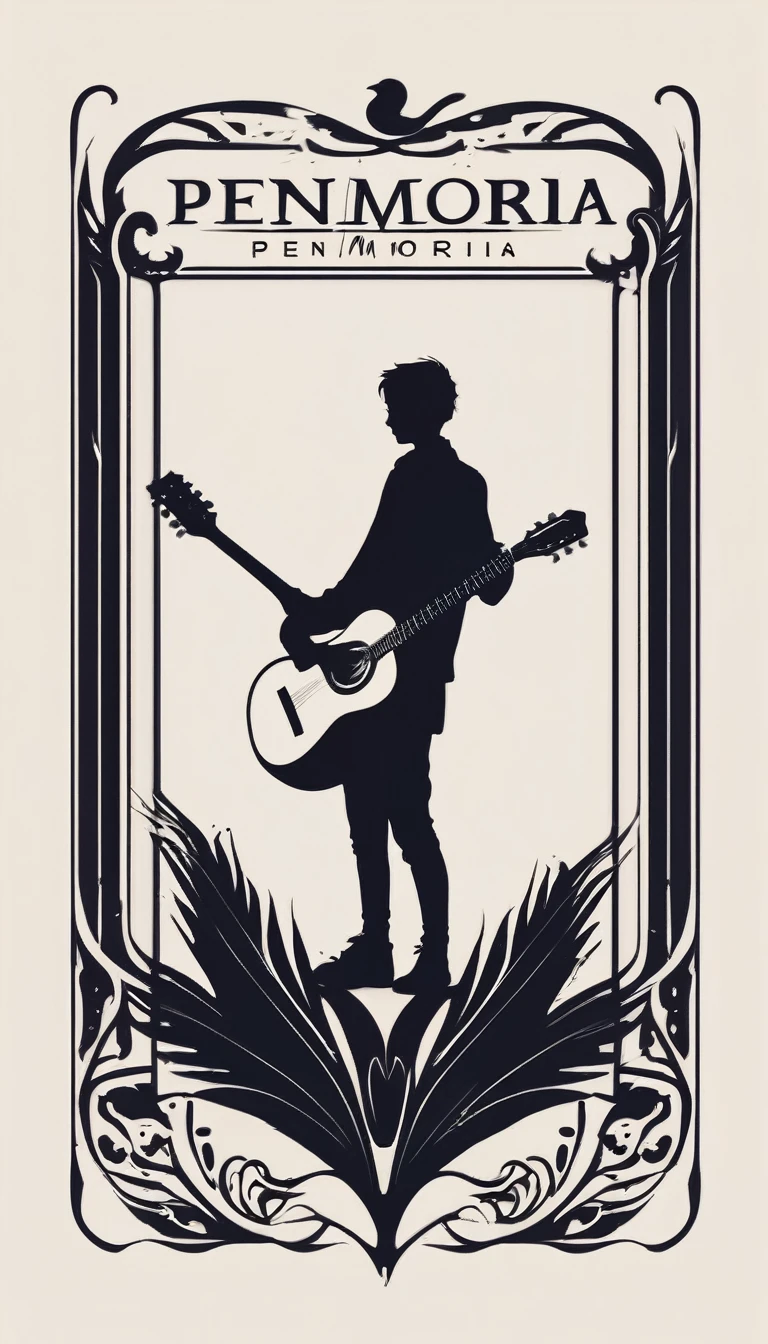 A minimal, modern, simple, cinematic logo design for the brand “Penamemoria". The logotype must be a simple, magical feather and a boy playing acoustic guitar. The logo must convey a sense of music, stories and dreams. Logo design impressed on a book cover. Minimalistic logo of a boy dissolving into a feather of dreams and memories
