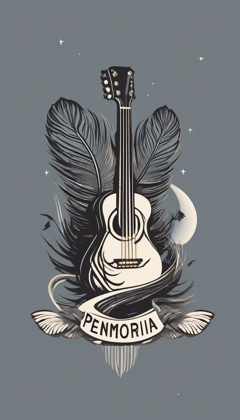 A minimal, modern, simple, cinematic logo design for the brand “Penamemoria". The logotype must be a simple, magical feather and a boy playing acoustic guitar. The logo must convey a sense of music, stories and dreams. Logo design impressed on a book cover. Minimalistic logo of a boy dissolving into a feather of dreams and memories
