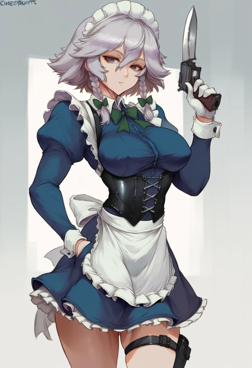 cutesexyrobutts style, 1girl, izayoi_sakuya, solo, maid_headdress, weapon, breasts, red_eyes, watch, braid, pocket_watch, gloves, large_breasts, gun, handgun, holding, twin_braids, long_sleeves, bow, apron, white_gloves, knife, grey_hair, looking_at_viewer, green_bow, chain, black_background, holster, maid, short_hair, hair_bow, dress, corset, holding_knife, frills, white_apron, waist_apron, floral_print, bangs, blue_dress, shirt, cowboy_shot, white_bow, simple_background, back_bow, hair_between_eyes, underbust, closed_mouth, thigh_holster, thigh_strap, maid_apron, shaded_face, arm_up