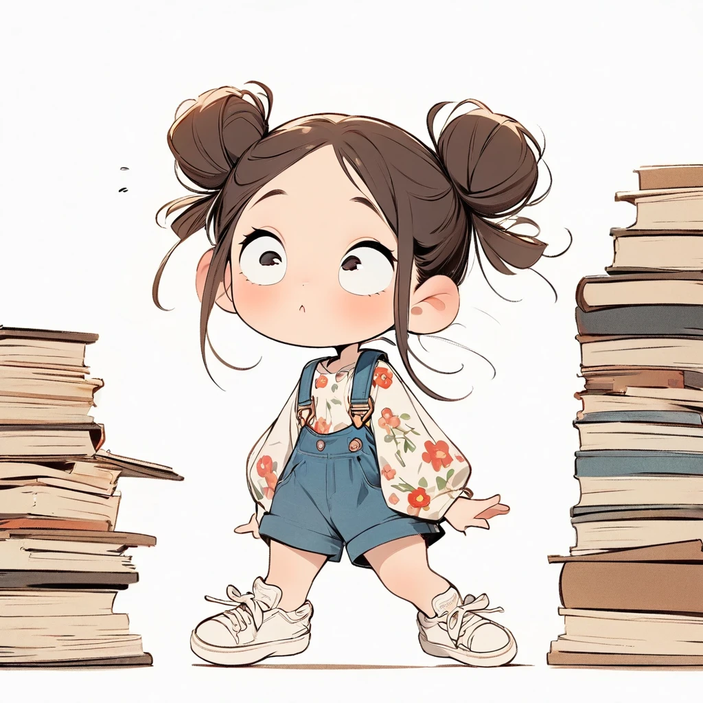 (masterpiece, best quality:1.2), cartoonish character design。Pure white background,1 girl looking through a thick dictionary, alone,big eyes,cute expression,Two hair buns,Floral shirt,Overalls,White sneakers,stand,interesting,interesting,clean lines
