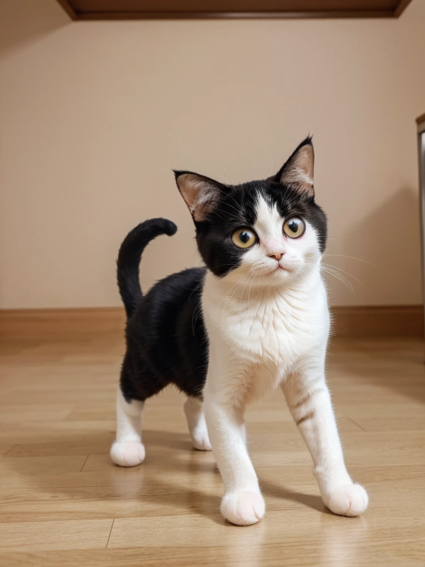 Beautiful cute cat in cartoon style with big eyes in anime style. it should be white and stand on two legs.