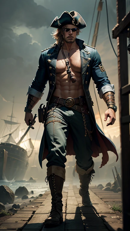A pirate captain with an eye patch, muscular physique, holding a hook hand, dramatic lighting, dramatic pose, cinematic composition, highly detailed, realistic, oil painting, chiaroscuro, dramatic colors, moody atmosphere
