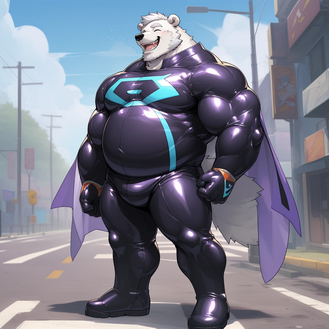 masterpiece, best quality, 8k resolution, Very detailed, hairy,(((polar bear)),((())),(((beard))),(((Strong))),(((White hair all over body))),(((portrait))),(((White hair))),(((Roadside))),For the audience,(((Purple gel coat))),(((Tight rubber suit))),Highest quality scene,Solitary,solitary,(((whole body))),(((Bare teeth))),(((Hands behind your back))),(((With eyes closed))),(((Standing with legs apart))),(((Laughing))),((Fat-enclosed muscle)),(((Round face))),(((alone))),(((Strong body))),(((Hip bulge))),(((huge))),(((Super hero))),(((Long legs)))