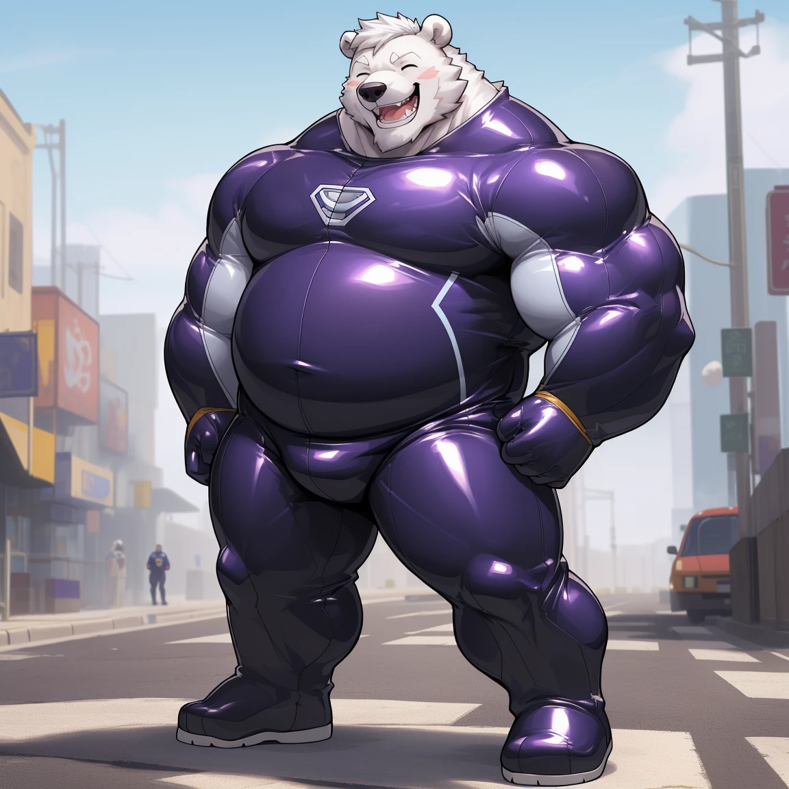 masterpiece, best quality, 8k resolution, Very detailed, hairy，(((polar bear))，(((Mature)))，(((beard))),(((Strong)))，(((White hair all over body)))，(((portrait)))，(((White hair)))，(((Roadside)))，For the audience，(((Purple gel coat))),(((Tight rubber suit)))，Highest quality scene，Solitary，solitary，(((whole body)))，(((Bare teeth)))，(((Hands behind your back)))，(((With eyes closed))),(((Standing with legs apart)))，(((Laughing)))，((Fat-enclosed muscle))，(((Round face)))，(((alone)))，(((Strong body)))，(((Hip bulge)))，(((huge)))，(((Super hero)))，(((Long legs)))