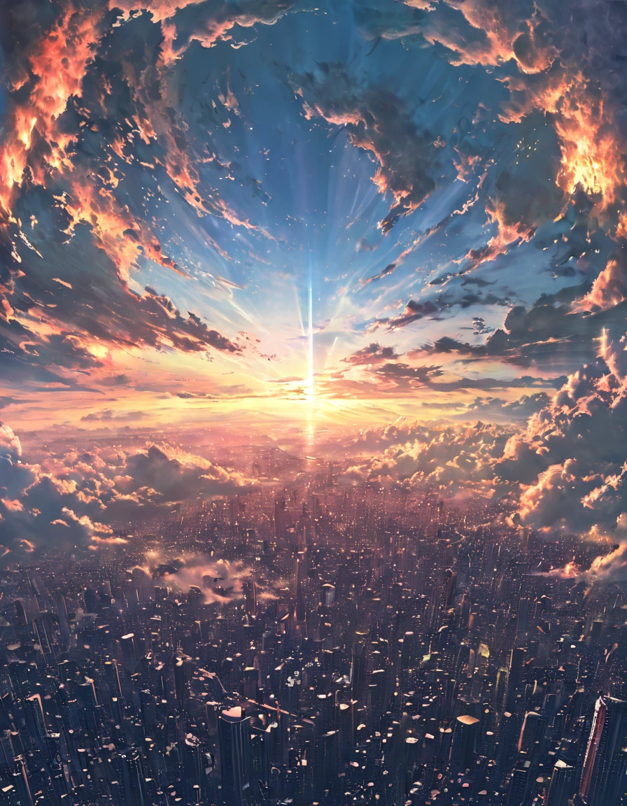 Beautiful angel with red hair flying on wings in the distant sky, back view, small angel because it's far away, city in the sky, beautiful blue sky, landscape painting, best quality, portrait, wide angle, 16k, high resolution, great lighting, wide angle, view from afar, fantasy art style, epic light novel art cover, anime fantasy illustration, epic light novel cover art, Boris Vallejo, Octopath Traveler, RPG art, anime fantasy artwork, very elaborate fan art, best quality, portrait, wide angle, 16k, high resolution, great lighting, wide angle, view from afar, fantasy art style, epic blue sky, fast moving sky and clouds, city of Tokyo, Shinjuku