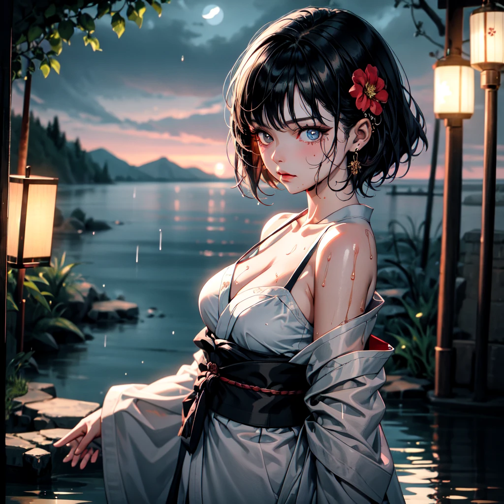 1girl, breasts, moon, lantern, night, solo, large breasts, hair ornament, wet, kimono, japanese clothes, wading, water, hair flower, flower, outdoors, sky, full moon, rain, black hair, off shoulder, mountain, cloud, holding, sash, bare shoulders, paper lantern, standing, white kimono, night sky, sideboob, obi, wet clothes, bangs, tree, from side, reflection, short hair, cloudy sky, wet hair (((masterpiece),(extremely detailed CG unity 8k wallpaper),best quality,,solo,1girl,cinematic lighting,detailed background,beautiful detailed eyes,bright pupils, (an extremely delicate and beautiful),(Beautiful and detailed eye description)， ultra-detailed,masterpiece,)),