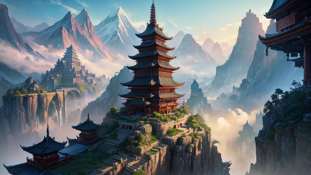 a painting of a mountain with a waterfall and a pagoda, cyberpunk chinese ancient castle, mountain fortress city, mysterious temple setting, andreas rocha style, by Qu Leilei, chinese fantasy, breathtaking fantasy art, a mystical temple, dojo on a mountain, the style of andreas rocha, amazing wallpaper, by Fan Qi, inspired by Andreas Rocha, by Yang J