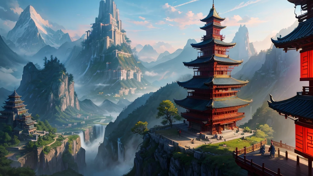 a painting of a mountain with a waterfall and a pagoda, cyberpunk chinese ancient castle, mountain fortress city, mysterious temple setting, andreas rocha style, by Qu Leilei, chinese fantasy, breathtaking fantasy art, a mystical temple, dojo on a mountain, the style of andreas rocha, amazing wallpaper, by Fan Qi, inspired by Andreas Rocha, by Yang J