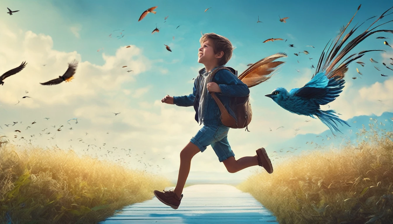 Create a professional, fantastic, cinematic Youtube Banner for a brand about music and stories called " Penamemoria". Masterpiece, 4k, sharp focus, highest quality,wide shot. Imagine a half a feather, half a fantasy boy. The title is " Penamemoria". Is a brand about the creative, unique journey of a boy into becoming a musician storyteller. In his journey he finds inspiration in a world of birds and feathers. Minimalistic, simple, poetic, dreamy logotype at the center of the image. The Background image is a world full of fantastic feathers, unique birds, light blue sky, and a boy running happily into the horizon with an acoustic guitar in his right hand. Boy running against the wind, almost simulating like he is flying
