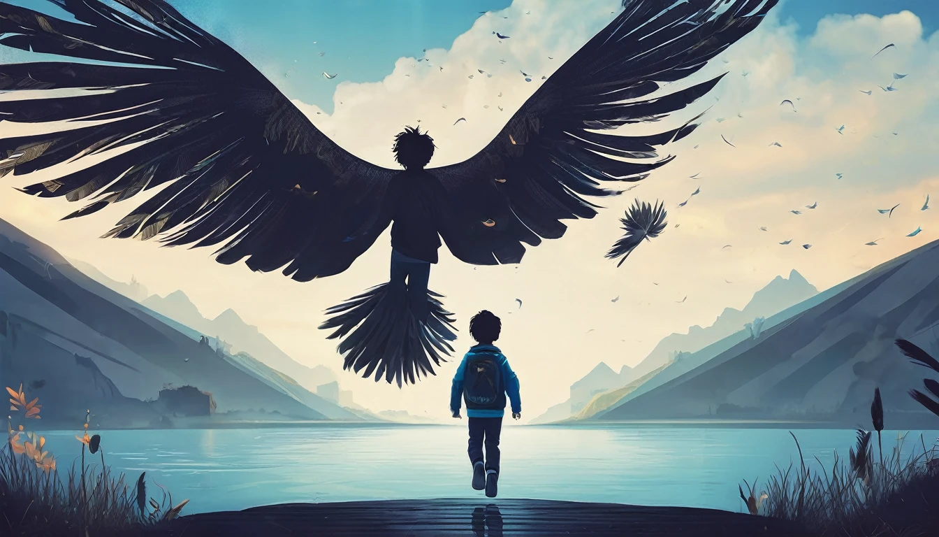 Create a professional, fantastic, cinematic Youtube Banner for a brand about music and stories called " Penamemoria". Masterpiece, 4k, sharp focus, highest quality,wide shot. Imagine a half a feather, half a fantasy boy. The title is " Penamemoria". Is a brand about the creative, unique journey of a boy into becoming a musician storyteller. In his journey he finds inspiration in a world of birds and feathers. Minimalistic, simple, poetic, dreamy logotype at the center of the image. The Background image is a world full of fantastic feathers, unique birds, light blue sky, and a boy running happily into the horizon with an acoustic guitar in his right hand. Boy running against the wind, almost simulating like he is flying