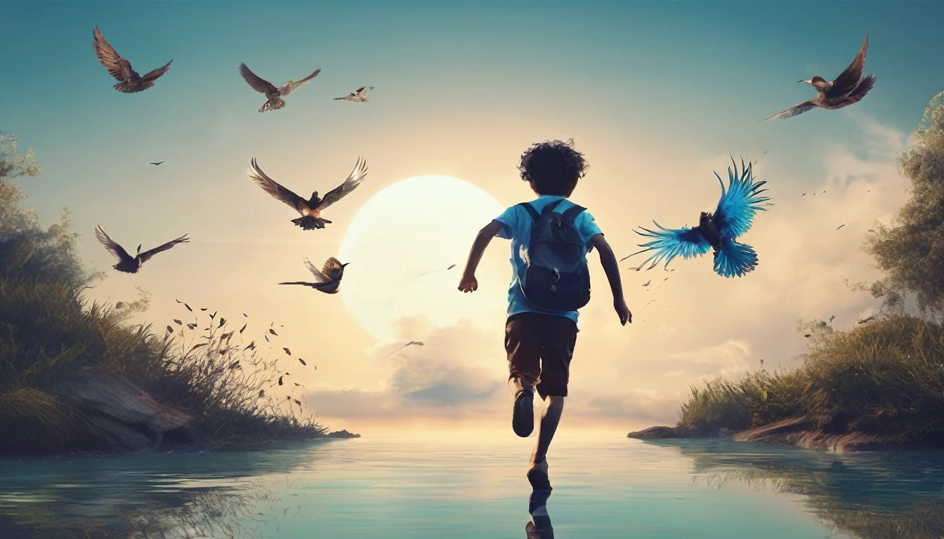 Create a professional, fantastic, cinematic Youtube Banner for a brand about music and stories called " Penamemoria". Masterpiece, 4k, sharp focus, highest quality,wide shot. Imagine a half a feather, half a fantasy boy. The title is " Penamemoria". Is a brand about the creative, unique journey of a boy into becoming a musician storyteller. In his journey he finds inspiration in a world of birds and feathers. Minimalistic, simple, poetic, dreamy logotype at the center of the image. The Background image is a world full of fantastic feathers, unique birds, light blue sky, and a boy running happily into the horizon with an acoustic guitar in his right hand. Boy running against the wind, almost simulating like he is flying