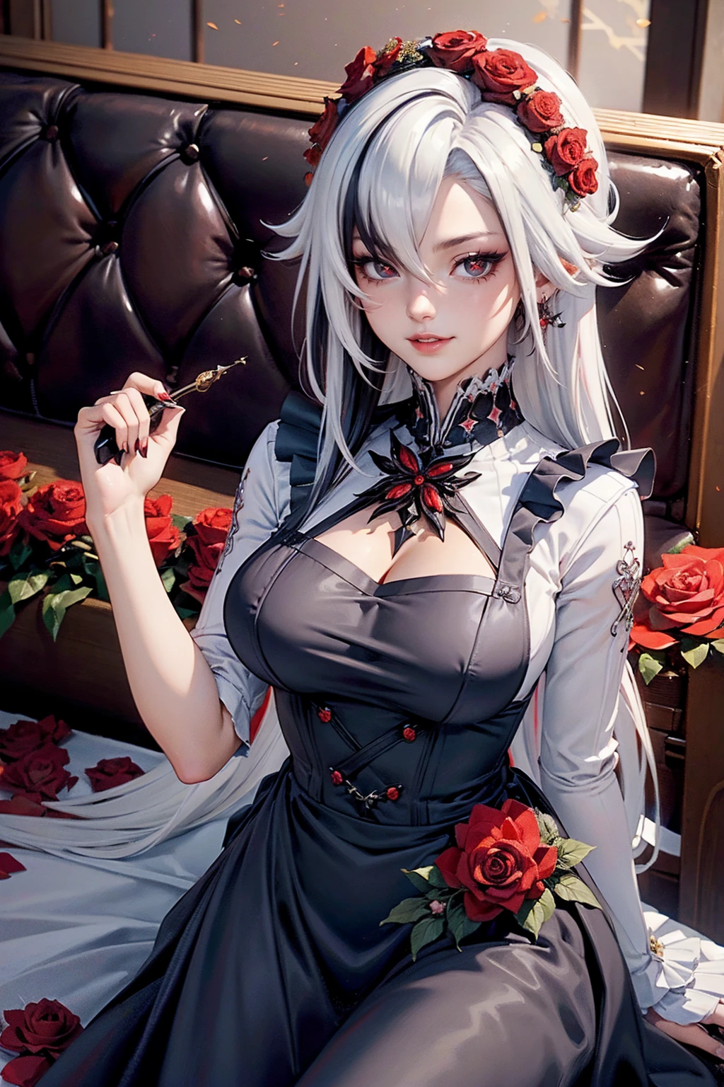 Arlecchino_(genshin impact), red roses, ornament hair, roses on her hair, maid, maid dress, maid headdress, maid apron, black hair, white hair, long hair, seat on a sofa, gothic style, gothic maid dress, black lantern, white dress, more details on her clothes, golden details, night, smiling, coat,