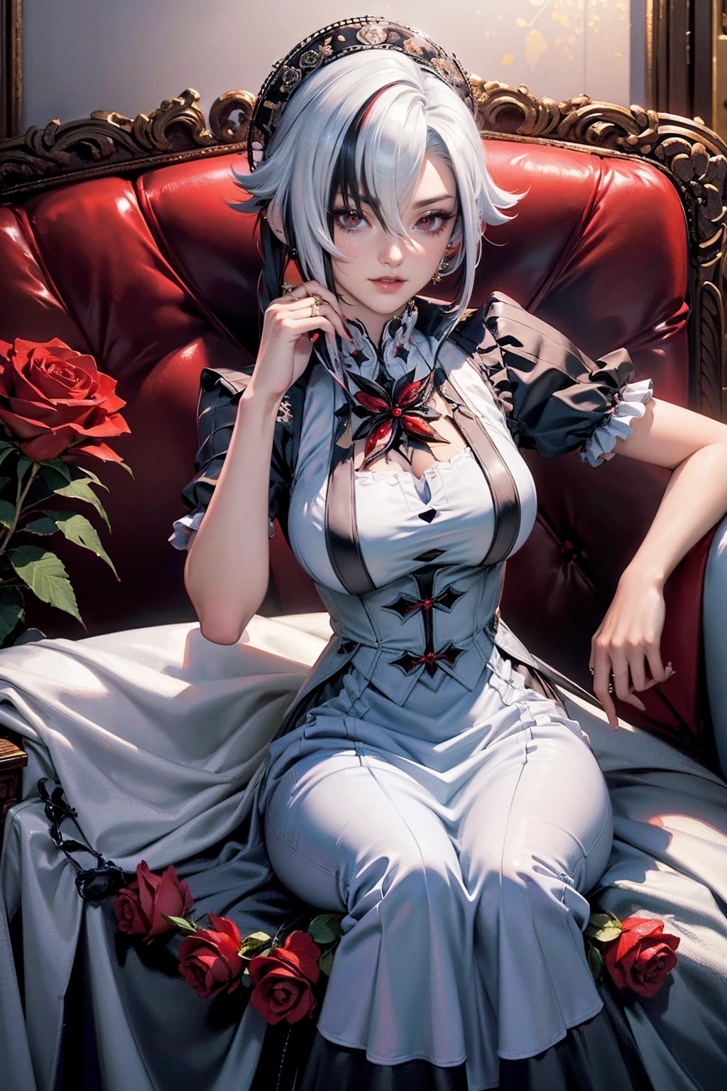 Arlecchino_(genshin impact), red roses, ornament hair, roses on her hair, maid, maid dress, maid headdress, maid apron, black hair, white hair, long hair, seat on a sofa, gothic style, gothic maid dress, black lantern, white dress, more details on her clothes, golden details, night, smiling, coat,