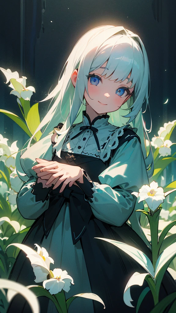 Lily of the Valley themed artwork, ((Highest quality)), High resolution, 8k, Cinematic Light, High Contrast, Written boundary depth、smile、sharp、beautiful, Strong brilliance, Detailed Background, One Girl, cute, fine grain, Shining Eyes, Detailed Iris、 Moonlit Night、gothic lolita dress