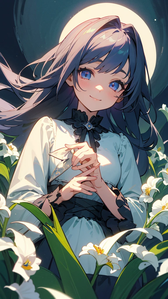 Lily of the Valley themed artwork, ((Highest quality)), High resolution, 8k, Cinematic Light, High Contrast, Written boundary depth、smile、sharp、beautiful, Strong brilliance, Detailed Background, One Girl, cute, fine grain, Shining Eyes, Detailed Iris、 Moonlit Night、gothic lolita dress