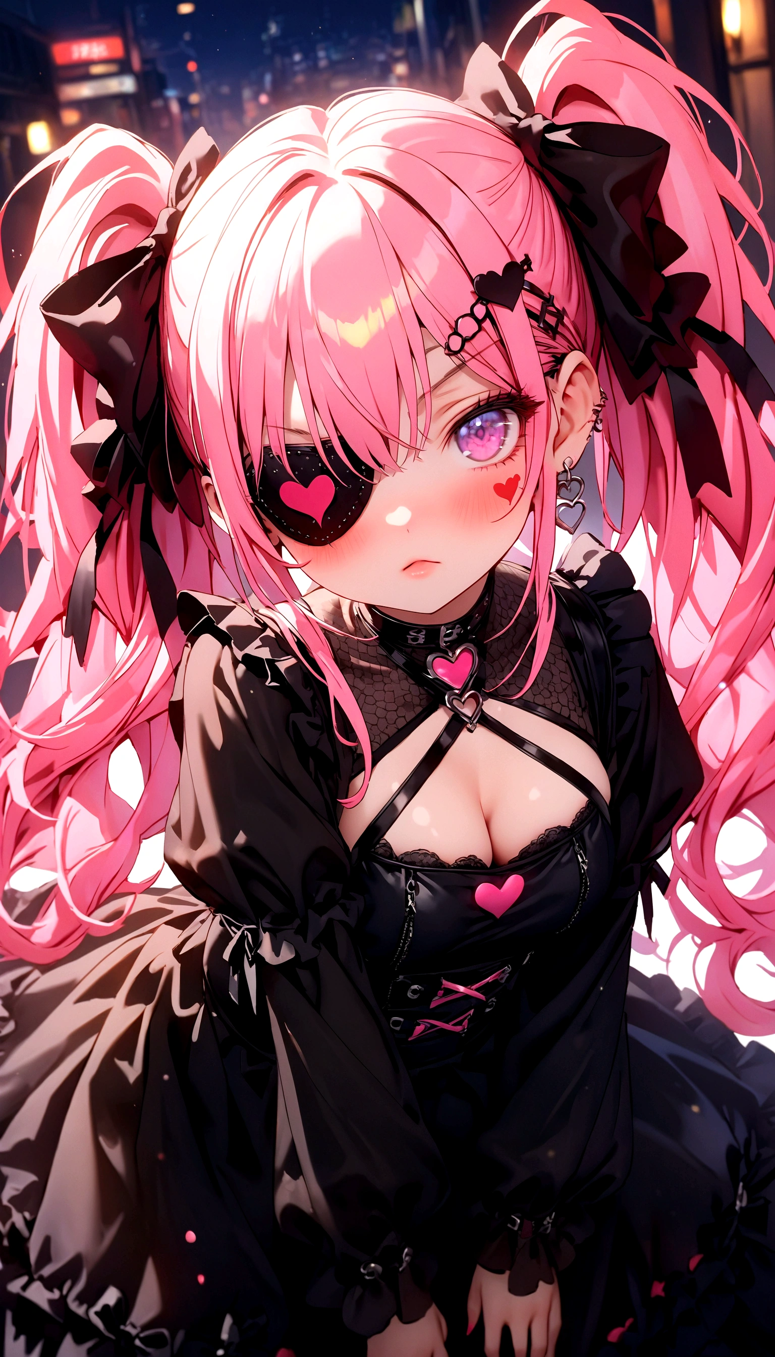 female\((cute,eye patch\(very cute, gothic fashion,cute mark\):1.3),age of 12,skin\(white,pale,smooth,silky,shiny\),eyes\(beautiful,many star-shaped highlights\),wearing makeup\(pink\),(angry),(black mouth mask),hair\(pink,twintails,floating,rolled,detailed,shiny\),hairclip\(heart\),costume\((frilled:1.3) pink dress\),eye corners\(pink:1.3\),(narrow eyes),very cute pose,(breast:1.3),open cleavage, cute hand sign,(many accessories)\), BREAK ,background\(harajyuku\(tokyo,japan\),at night,cute,fancy,dark\), BREAK ,quality\(8k,wallpaper of extremely detailed CG unit, ​masterpiece,hight resolution,top-quality,top-quality real texture skin,hyper realisitic,increase the resolution,RAW photos,best qualtiy,highly detailed,the wallpaper,cinematic lighting,ray trace,golden ratio\),(dynamic angle),(close up of face:1.8),looking up at viewer,from above,better hands