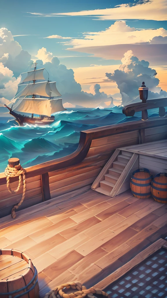 A ship floating on the sea,Barrels and scattered reins were neatly placed on the wooden deck.,In the distance, two ships are floating on the rough sea.,An island in the distance,There is also blue sky, white clouds and seagulls,Natural light,High-definition quality,High-quality posters,