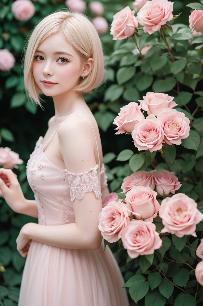 8k, RAW Photos, Fujifilm, Avril-like style photo of a beautiful young woman in a garden of pale pink roses (Highly detailed skin: 1.2) Style Petal Break Short Hair, Blonde and colored hair, Wearing a dress, Film Granulation, 35mm, Cute Style