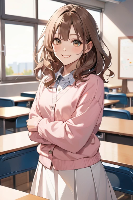 A beautiful young student girl smiling, long brown curls, light brown eyes, white skirt, pink cardigan, in a classroom